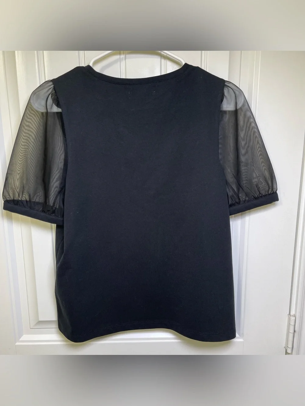 Madewell Black Sheer Puff Mesh Sleeve Crewneck Tee Top Knit Blouse Size Small